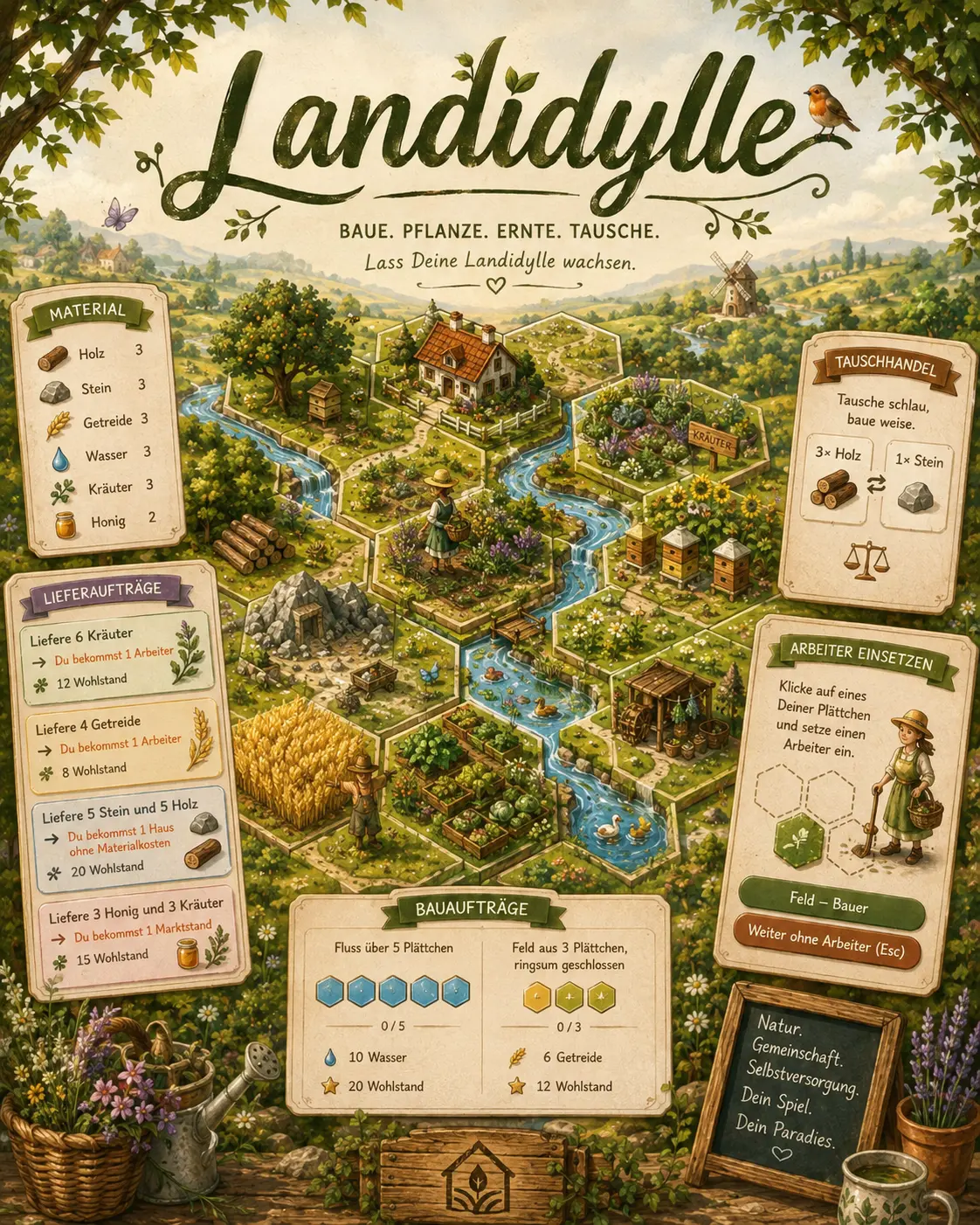 Landidylle: Baue, pflanze, ernte und tausche in einer idyllischen Sechseck-Landschaft.
